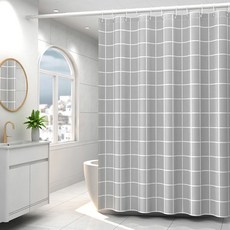 歐时洁 PEVA防水浴簾 附伸縮桿與掛勾, 1個, 加厚【PEVA】豎灰格,寬240*200高+140-260桿+掛
