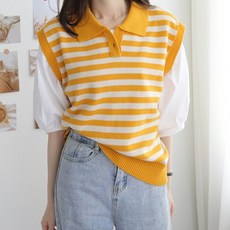 제니트 여성용 루즈핏 칼라넥 포인트룩 레이어드 스트라이프 반오픈 디디카라단 니트 조끼 j401