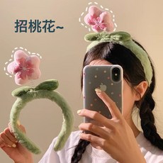 DFMEI 韓系可愛卡通毛絨髮箍女新款甜美少女心百搭頭箍拍照出片神器, 1個, 10#刺繡桃花綠葉毛絨髮箍:如圖