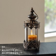台灣暢銷 歐式復古鐵藝燭臺擺件 戶外防風玻璃燈 浪漫燭光晚餐落地燭臺 蠟燭擺件, 復古風燈小號+圓柱黃色檀香蠟燭