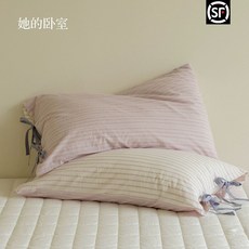 순면 베개 리본베개커버 끈으로 묶는 스타일, 1개, H. 운몽 자색 직조 한 쌍당 48x74cm