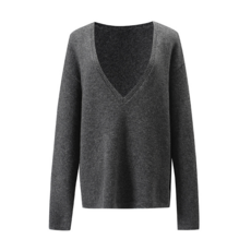慵懶風寬鬆顯瘦深V領羊駝毛套頭毛衣，百搭保暖女款羊毛衫
