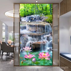 뮤럴벽지 3D셀프스티커 현관 세로판 스티커 풍경 벽면 스티커 자연풍경 산수화, 660-산간의 흐르는 물, 폭50cmx높이100cm