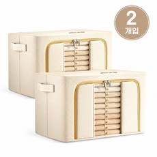 프레임형 접이식 리빙박스 2p 대용량 옷수납함 이불정리함 패브릭 수납박스 투명창 스틸프레임 의류보관함, 2개, 오프 화이트