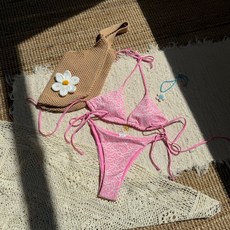 DFMEI 兩件套比基尼泳衣女分體掛脖繫帶爆款泳裝, L
