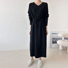 보리맘 벨티드 니트 롱 원피스 브이넥 빅사이즈 봄 긴팔