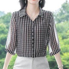 ORZQU 중년여성 여름 시스루 체크 셔츠 칼라 셔츠 7부소재 단추 블라우스 오피스룩 데일리 여성상의 냉감 아이스 가디건 셔츠