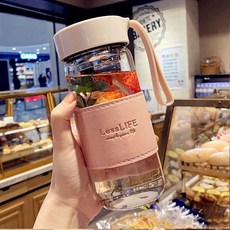 簡約杯子 加厚大容量韓版可愛玻璃杯 男女高顏值防燙簡約新款ins便攜泡茶杯, 粉色480ml+皮套+茶漏, 1個