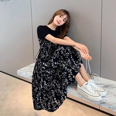 Queen 韓版時尚假兩件碎花連衣裙