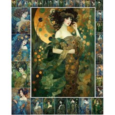 디커플리지 페이퍼 팩(35매 6 x8 ) 공예 및 스크랩북을 위한 부케트 플론즈 아트 누보 클림트 빈티지 일러스트 카드를 들고 있는 그린 블루 플로럴 드레스의 데코 영감을 받은