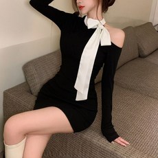 cammello 리본타이 블랙 언발트임 슬림핏 긴팔 미니원피스 데이트룩 파티룩