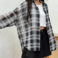 바이일이오 여성 빅 체크 남방 오버핏 시스루 여름 긴팔 셔츠