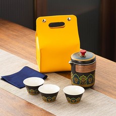 旅行茶具套裝 陶瓷功夫茶杯組, 1個, 黑/古韻一壺三杯+藍茶巾/小黃包