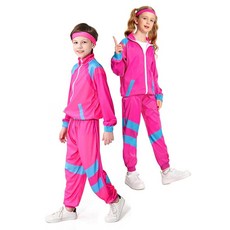 COREWO 남아용 80년대 트랙수트 아동용 힙합 코스튬 상의 바지 세트 의상 레트로 댄스 스포츠웨어 핑크 105250