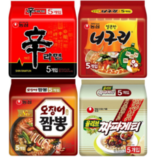 봉지 라면 4종 신라면 5개+ 짜파게티 5개 + 너구리 5개 + 오징어짬뽕 5개, 20개