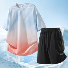 夏季冰絲速乾運動套裝 男士透氣寬鬆短袖短褲兩件套