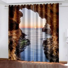 Lirzxin 블랙아웃 커튼 54인치 길이 열 차단 커튼 드레이프 선라이즈 케이브와 바다 풍경 창문 커튼 방암막용 그레이 블루 브라운 34 x