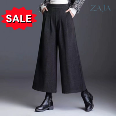 ZAJA 여성 겨울 캐주얼 하이웨스트 모직 와이드 팬츠 일자 9부 통바지