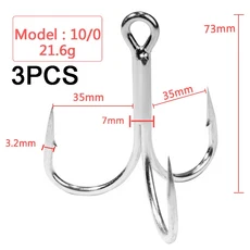 트레블 후크 4X Strong 1 -10/0 Fishhook 슈퍼 샤프 탄소강 앵커 큰 물고기 후크용 라운드 벤드 각도, 3PCS 10-0 silver