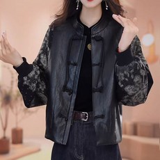 ORZQU 여성 패션 개량한복 자켓 인조PU 접합 단추 장식 프린트 긴팔 코트