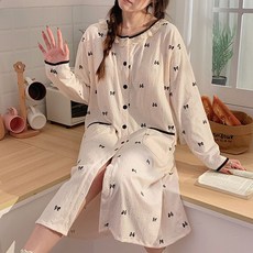 봄 가을 임산부 긴팔 잠옷 원피스 임부 리본 라운드넥 수유 롱 원피스 홈웨어 파자마 드레스 JS