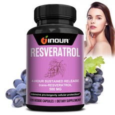고함량 레스베라트롤 500mg 60/120캡슐 trans-레스베라트롤 4시간 서방형 일본하수초 + 유기농 와인포도 이중 추출물 케르세틴 함유 비건 셀룰로오스 캡슐, 1개, 60정