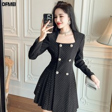DFMEI 여성 스퀘어넥 더블 도트 A라인 정장원피스 6312