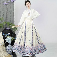 ORZQU 일상 입기 좋은 여성 개량한복 투피스 봄가을 패션 프린트 긴팔 상의 스커트 세트