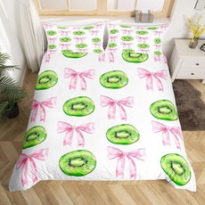 Jejeloiu 핑크 보우 아동용 침구 세트 남아 여아 트윈 사이즈 대형 키위 과일 이불 커버 귀여운 코케트 리본 매듭 패턴 침실 장식 없음 그린 188005 8573, 핑크 그린