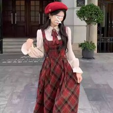 여성용 정장세트 레드 체크 멜빵 원피스 가을 겨울 설날 가운 롱스커트 세트 KS4