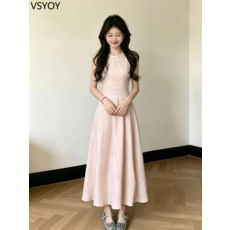 vsyoy 순수한 욕망 분위기 감각 체리 파우더 스커트! 소매 조끼 원피스 여성 여름 허리 A 라인 원피스 크고 얇은