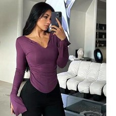 性感收腰大V領高彈速幹運動長袖T恤打底衫女秋季辣妹內搭緊身上衣