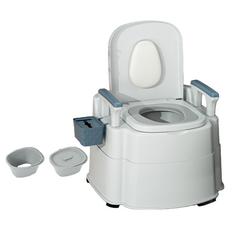 24H 行動馬桶 坐便椅 附可掀蓋, 1個, 可升降+房間蹲廁兩用【旗艦款】,卡其色（雙桶+扶手+靠背+全PU包圍）