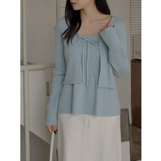[리리앤코] 벨드니링 골지 스퀘어넥 프릴 나시 리본 가디건 투피스 세트