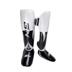 MMA 무술 정강이 보호대 - 킥복싱/MMA 훈련 및 스파링을 위한 패딩 조절 가능한 타이 케이스 타이 레그 가드, 화이트 L 성인, 1개, PU 가죽