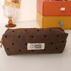 도트 코듀로이 필통 브라운 아이보리 컬러 귀여운 감성 파우치형 펜슬케이스