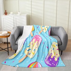 Erosebridal 블루 여름 담요 퀸 228.6 x 228.6cm(90 90인치) 아이스크림 색종이 조각 담요 카와이 테마 부드럽고 가벼운 후리스 만화 귀여운 사계절용