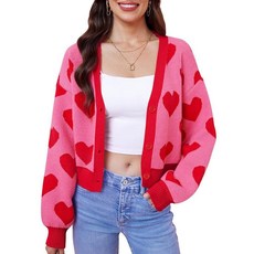 ALIREVERIE 여성용 발렌타인 성 패트릭의 날 귀여운 Y2K 크롭 가디건 긴소매 버튼 다운 하트 스웨터 A7 M 160034