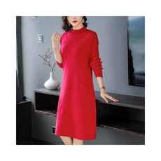 秋冬新款羊毛針織連衣裙中長款寬鬆休閒中年媽媽裝優雅風修身打底連身裙, 紅色