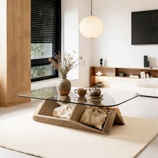 Alemon 강화유리 거실 테이블 좌식 테이블 소파 테이블 티테이블, 갈색