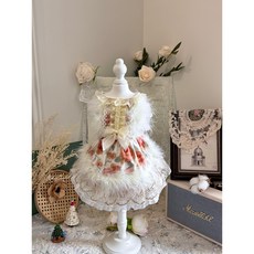 Aw Weiwei Pet 法式油畫印花連衣裙 寵物公主服飾 蝴蝶結裝飾, 1個, 玫瑰遇羽毛,S碼（2.0公斤左右）