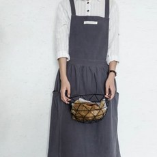 한복 프릴 가드닝 린넨 앞치마 카페 원피스, 딥 그레이_x000D_