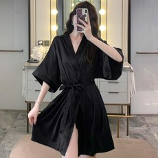 여성 숏 가운 반팔 여름 잠옷 실크 랩 목욕, HHH215 블랙