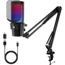 VCOM 게이밍 USB 마이크 팟캐스트 스트리밍을 위한 콘덴서 다이내믹 붐 암 스탠드 퀵 음소거 팝 필터 RGB 표시기 쇼크 마운트 회전 게인 버튼 PS45PC와 호환 가능