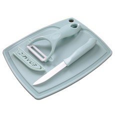 約翰家庭百貨 陶瓷水果刀具三件套 砧板 水果刀 削皮器 不生鏽 戶外便攜切菜板, 1個, 藍