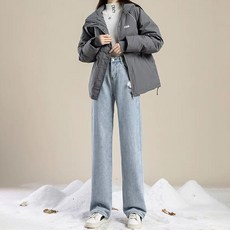 기모 안감 두꺼운 하이웨이스트 와이드 레그 여성용 겨울용 보온 스트레이트 팬츠