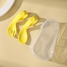 嬰兒彎頭勺彎柄勺學習叉勺組寶寶學習餐具嬰兒輔食餐具, PP材質黃色, 1個