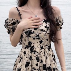 Yellwell여성 플로럴 하트넥 퍼프소매 원피스 여름 데이트룩 추천 여성스러운 무드 원피스LST