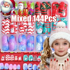 개박스 크리스마스 프레스온 네일 만화 산타클로스눈송이트리 아크릴 가짜 손톱 선물용, 1개