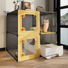 透明貓籠子 寵物籠 豪華貓籠 貓咪籠子 貓屋 超大空間 帶貓砂盆 廁所一體 一室一廳一衛 家用室內貓別墅, 1個, 2層【2列-長71寬46】加深款+漏砂托,基礎款:祼籠+貓砂岔送鏟+逗貓棒+爬梯